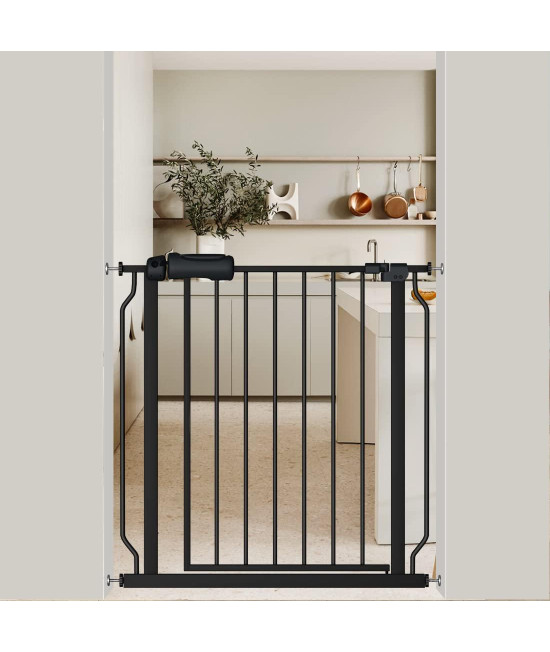 Flower Frail Black Baby Gate 29-34 Inch Wide Walk Through Pressure Mounted Safety Gate With Door No Drill Tension Metal Gate For Dog Cat And Toddler