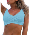 Fanuerg Womens Twist Front Bikini Top V Neck Push Up Padded Swimsuit Top Bathing Suits Light Blue Xl