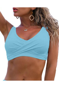Fanuerg Womens Twist Front Bikini Top V Neck Push Up Padded Swimsuit Top Bathing Suits Light Blue Xl
