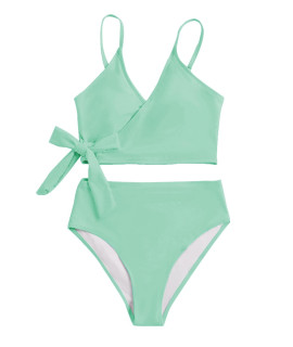 Sweatyrocks Womens Two Pieces Swimsuit Solid Color Tie Side Top High Waisted Bikini Set Mint Green M