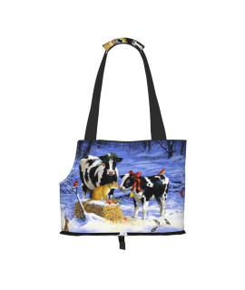 Christmas Snow Milk Cow Foldable Dog Carrier Purse, Tote, Suitable For Puppy, Small Dogs, And Cats For Outdoor Travel