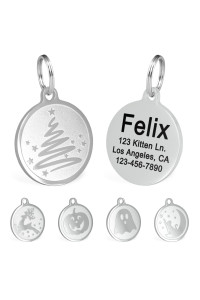 Ultra Joys Engraved Cat Name Tags Personalized - Stainless Steel Name Tag Cat Identification - Small Cat Id Tags Personalized For Up To 4 Lines Of Text - Pet Id Tags For Cat Collar - Christmas Tree