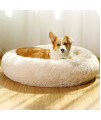 Jmhund Shag Vegan Fur Donut Comfortable Dog Bed For Medium Dogs With Removable Cushion, Large Calming Cuddler Ultra Soft Washable Pet Cat Mat, Round Fluffy Self-Warming Cushion Bed (Large, Beige)