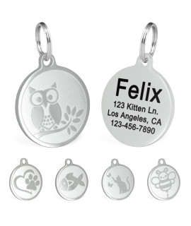 Ultra Joys Engraved Cat Name Tags Personalized - Stainless Steel Name Tag Cat Identification - Small Cat Id Tags Personalized For Up To 4 Lines Of Text - Pet Id Tags For Cat Collar - Owl