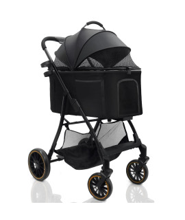 Dog Stroller For Small Medium Dogs - 4 Wheels Automatic Foldable Pet Cat Dog Strollers With Easy Removable Carrier, Mesh Windows With Detachable Pet Pad And Storage Basket No Zipper Dual Entry