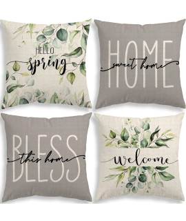 Elepeach Farmhouse Pillow Covers 20X20 Set Of 4 Hello Spring Home Sweet Home Eucalyptus Leaves Grey And White Cushion Case Spring Decorations For Sofa Coucha