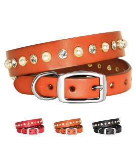 Beirui Soft Genuine Leather Dog Collar - Bling Dog Collar Leather With Pearls & Diamonds Studded - Adjustable Heavy Duty Dog Collars For Small Medium Dogs,Brown,Xs(Neck 7-10)