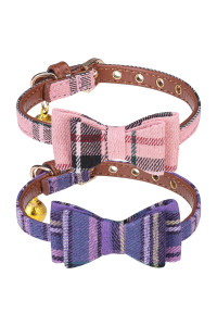 Pupteck Puppy Collar With Bell - 2 Pack Plaid Small Dog Collar Charm Adjustable Bowtie Soft Leather Cat Collar For Kitten And Puppy, Purple & Pink