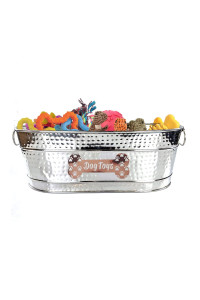 Metal Indestructible Dog Toy Bin - Galvanized Accessory Storage Bin with Handles, Organizer Storage Basket for Pet Toys, Blankets, Leashes - Pawprint Design Home Decor (Silver - 15 Quart)