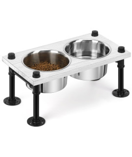 Elevated Dog Bowls Wood Raised Dog Bowl Stand For Medium Dogs Farmhouse Elevated Pet Feeder With 2 Stainless Steel Bowls And Industrial Pipe, Grey White