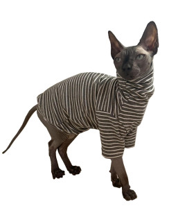 Vintage Stripes Sphynx Hairless Cats Shirt Cotton Cat Turtleneck Pet Clothes Kitten T-Shirts With Sleeves For Sphynx Cornish Rex, Devon Rex, Peterbald (Grey Stripe, Large (Pack Of 1))