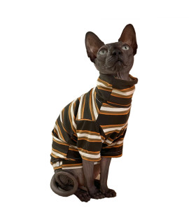Vintage Stripes Sphynx Hairless Cats Shirt Cotton Cat Turtleneck Pet Clothes Kitten T-Shirts With Sleeves For Sphynx Cornish Rex, Devon Rex, Peterbald (Yellow Stripe, Large (Pack Of 1))