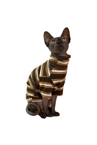 Vintage Stripes Sphynx Hairless Cats Shirt Cotton Cat Turtleneck Pet Clothes Kitten T-Shirts With Sleeves For Sphynx Cornish Rex, Devon Rex, Peterbald (Yellow Stripe, X-Small (Pack Of 1))
