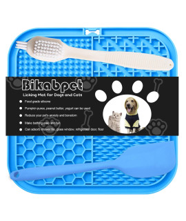 Bikabpet Lick Mat For Dogs And Cats, Peanut Butter And Slow Feeders For Dogs, Dog Lick Mat With Suction Cups, Apply Dog Bath Grooming To Divert Anxiety,Silicone Scraper And Scrubbing Brush (Blue01)