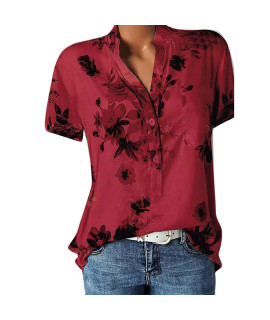 Yutanral Blouses For Women 2023 Summer Dressy Casual Fashion Plus Size Tops T-Shirts Womens Outfits Floral Print Short Sleeve Henley Button Down Shirts Tunic Elegant Y2K Clothing(A Red,5X-Large
