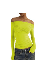 Womens Sexy Off Shoulder Long Sleeve Crop Tops Sleeves Slim Fit Basic Loungewear Loose Casual T-Shirts Summer 05-Green,Medium