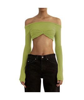 Womens Sexy Off Shoulder Long Sleeve Crop Tops Crewneck Knit Cropped Tee Blouse Loungewear Loose Casual T-Shirts Summer 06-Green,Medium