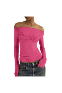 Women Sexy Slim Crop Shirt Long Sleeve Sleeves Fit Basic Tops Loungewear Loose Casual T-Shirts Summer 05-Hot Pink,Large