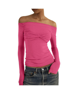 Women Sexy Slim Crop Shirt Long Sleeve Sleeves Fit Basic Tops Loungewear Loose Casual T-Shirts Summer 05-Hot Pink,Large