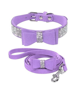 Beirui Rhinestone Bling Leather Dog Collar And Leash Set - Soft Flocking Sparkly Crystal Diamonds Studded - Cute Double Bowknot Collar With 4 Foot Leash For Pet Show,Purple,Neck Fit 10-125
