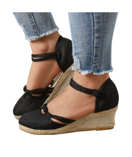 Womens Ankle Strap Closed Toe Espadrille Wedge Heels Sandals Retro Casual Buckle Strap Ladies Platform Summer Shoes