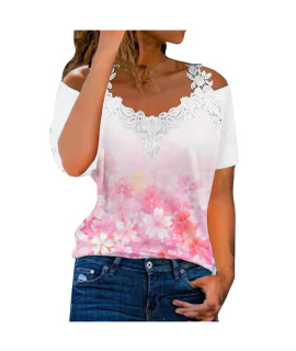 Holiday Tops For Women Womens Short Sleeve Tops Lace Splicing Cold Shoulder V Neck T-Shirt 2023 Summer Casual Pullover Tee Shirts Blouses Crochet Top