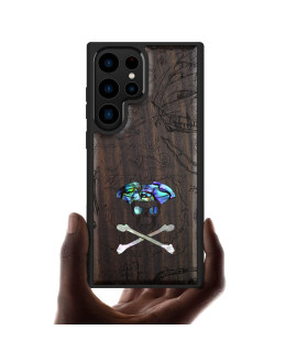 Carveit Designer Wooden Case For Samsung Galaxy S23 Ultra Case Cover Wood Engraving & Shell Inlay] Real Wood Case Compatible With Wireless Chargers Galaxy S23 Ultra Case (Pirate Skull-Blackwood)