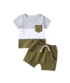 Adobabirl Toddler Baby Boy Summer Clothes Short Sleeve Color Block Pocket Tshirt Top Solid Shorts Set Casual Outfits (F Contrast Color-Army Green,6-12 Months)