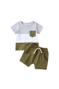Adobabirl Toddler Baby Boy Summer Clothes Short Sleeve Color Block Pocket Tshirt Top Solid Shorts Set Casual Outfits (F Contrast Color-Army Green,6-12 Months)