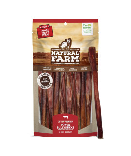 Natural Farm Power Bully Sticks (12 Inch, 12 Pack), Digestible 100 Natural Beef Cheek And Beef Pizzle Chews From Grass-Fed Cows, Non-Gmo, Grain-Free, Long-Lasting Chews For Small, Medium Large Dogs