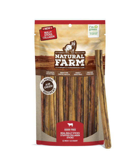 Natural Farm Stuffed Collagen With Real Bully Sticks For Dogs (12 Inch, 12Apack), Collagen Sticks, Natural Dog Chews, Long Lasting, For Small, Medium And Large Dogs, Great Rawhide Alternative