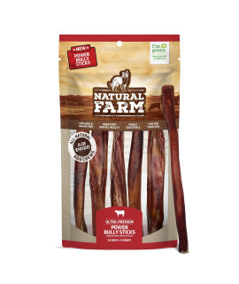 Natural Farm Power Bully Sticks (12 Inch, 5 Pack), Digestible 100 Natural Beef Cheek And Beef Pizzle Chews From Grass-Fed Cows, Non-Gmo, Grain-Free, Long-Lasting Chews For Small, Medium Large Dogs