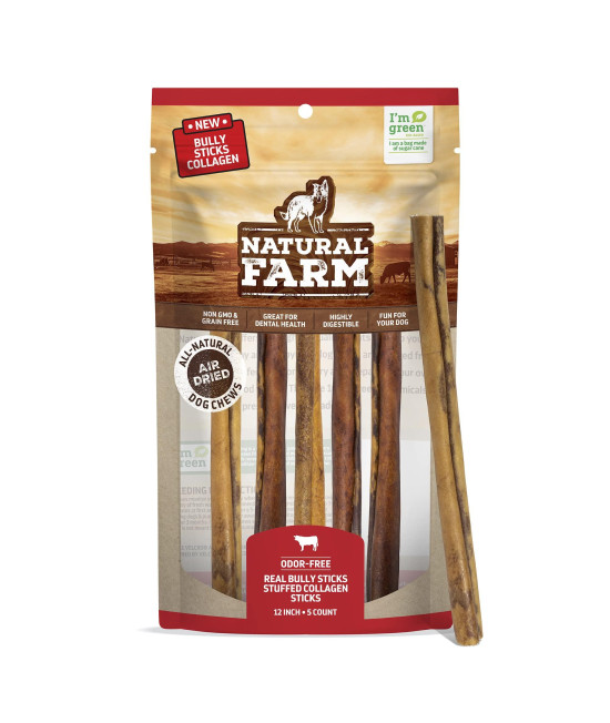 Natural Farm Stuffed Collagen With Real Bully Sticks For Dogs (12 Inch, 5 Pack), Collagen Sticks, Natural Dog Chews, Long Lasting, For Small, Medium And Large Dogs, Great Rawhide Alternative