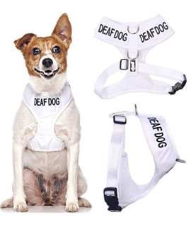 DEAF DOG (Dog Has Limited/No Hearing) White Color Coded Non-Pull Front and Back D Ring Padded and Waterproof Vest Dog Harness PREVENTS Accidents By Warning Others Of Your Dog In Advance (Smalll Harness 15-24inch Chest)
