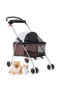 BestPet Pet Stroller 4 Wheels Posh Folding Waterproof Portable Travel Cat Dog Stroller with Cup Holder (Leopard Skin)