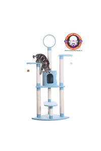 Armarkat B6605 65-Inch Classic Real Wood Cat Tree In Sky Blue, Jackson Galaxy Approved, Five Levels With Perch, Condo, Hanging Tunnel