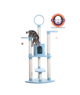 Armarkat B6605 65-Inch Classic Real Wood Cat Tree In Sky Blue, Jackson Galaxy Approved, Five Levels With Perch, Condo, Hanging Tunnel