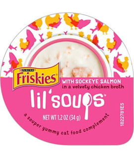 Purina Friskies Natural, Grain Free Wet Cat Food Lickable Cat Treats, Lil' Soups With Sockeye Salmon in Chicken Broth - 1.2 oz. Cup