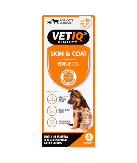 VetIQ Skin & coat, 250ml, Promotes Healthy Skin & coat with Omega 3 Oil, Dog grooming Supplement Helps Reduce Shedding, Dog & cat Supplements for Dry, Itchy Skin