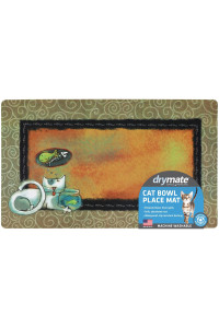 Drymate Cat Bowl Placemat, Pet Food Feeding Mat - Absorbent Fabric, Waterproof Backing, Slip-Resistant - Machine Washable/Durable (USA Made) (12 x 20) (Fish Kitty)