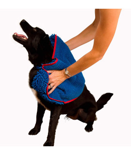Soggy Doggy Super Shammy Dog Towel, Washable Microfiber Dog Towels for Drying Dogs and Cleaning Paws, Fast-Drying Dog Bath Towel with Hand Pockets, Blue/Red Trim, 31 x 14 Inches