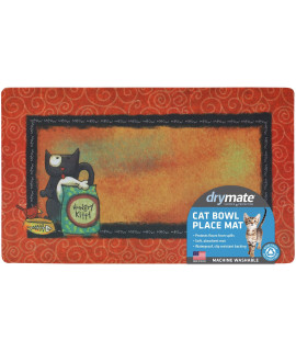 Drymate Cat Bowl Placemat, Pet Food Feeding Mat - Absorbent Fabric, Waterproof Backing, Slip-Resistant - Machine Washable/Durable (USA Made) (12 x 20) (Hungry Kitty)