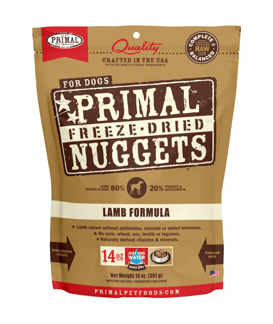 Primal Freeze Dried Dog Food Nuggets Lamb, Complete & Balanced Scoop & Serve Healthy Grain Free Raw Dog Food, Crafted in The USA, 14 oz