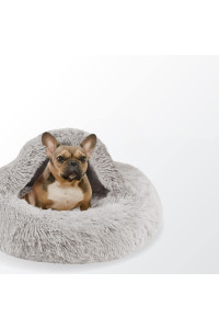 Friends Forever Luna Donut Cat Bed Cave, Soft Faux Fur Hooded Blanket Dog Couch For Indoor Pet, Fluffy Calming Plush Shag, Cozy Round Cushion, Machine Washable Cuddler, Self Warming, Grey
