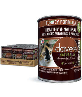 Dave's Pet Food Grain Free Wet Cat Food (Turkey), Made in USA Naturally Healthy Canned Cat Food, Added Vitamins & Minerals, Wheat & Gluten-Free, 12.5 oz Cans (Case of 12)