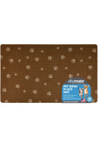 Drymate Pet Bowl Placemat, Dog & Cat Food Feeding Mat - Absorbent Fabric, Waterproof Backing, Slip-Resistant - Machine Washable/Durable (USA Made) (12 x 20) (Brown Stripe Tan Paw)