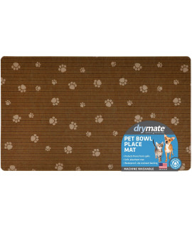 Drymate Pet Bowl Placemat, Dog & Cat Food Feeding Mat - Absorbent Fabric, Waterproof Backing, Slip-Resistant - Machine Washable/Durable (USA Made) (12 x 20) (Brown Stripe Tan Paw)