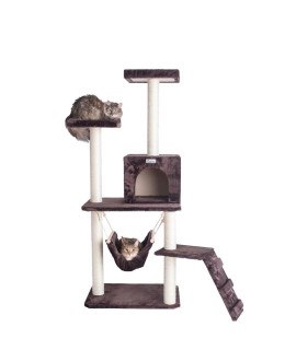 GleePet GP78570923 57-Inch Real Wood Cat Tree In Coffee Brown With Four Levels, Ramp, Hammock And Condo