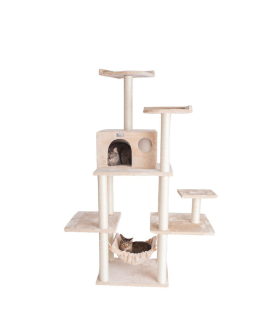 GleePet GP78680621 68-Inch Real Wood Cat Tree In Beige With Five Levels, Hammock, Condo
