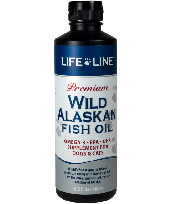 Life Line Pet Nutrition Wild Alaskan Fish Oil Omega-3 Supplement for Skin & Coat - Supports Brain, Eye & Heart Health in Dogs & Cats, 16.5oz